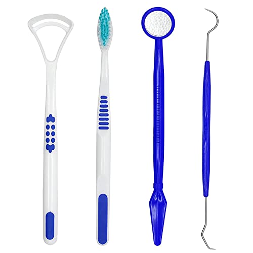 Kit de 4 piezas de cuidado dental en color azul, juego de herramientas de limpieza bucal, púa dental, espejo dental, limpiador de lengua y cepillo de dientes, herramientas de eliminación de placa