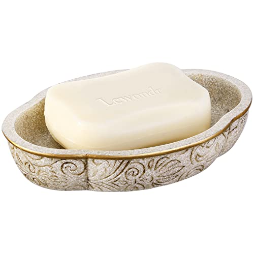 Lewondr Jabonera de Resina & Arena Natural, Bandeja Decorativa de Jabón con Patrón Tallado Exquisito y Borde Dorado, Soporte de Jabón Multifuncional Ideal para Baño Cocina Dormitorio Salón, Caqui Cover
