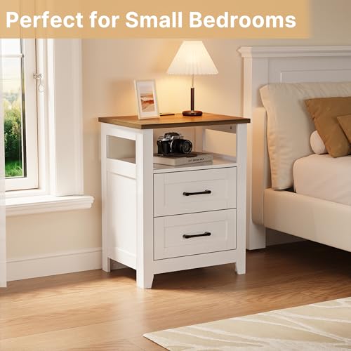 Decofy Farmhouse Nightstand with Charging Station, Modern End Tables with 2 Drawers & Open Shelf, Outlets, USB Ports & Type-C Ports, Wood Rustic Nightstands for Bedroom (2 Pack, Pure White + Walnut) by Decofy - Image 4