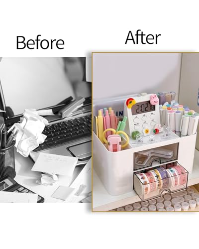 Image of Office Desk Organizer with 2 Drawers Multi-Functional Desktop Pen Pencil Case Storage Box,Desktop Organizer for Office Home Supplies White LCC570-02