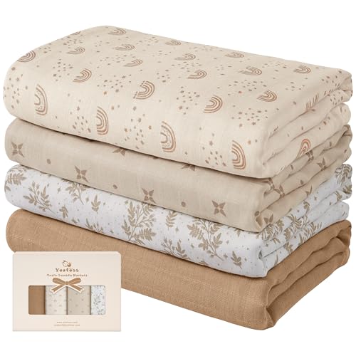Image of Yoofoss Muslin Swaddle Blankets, 4-Pack Receiving Blankets for Boys and Girls, 47 x 47 Inches Muslin Baby Blankets Neutral Wrap Soft Breathable, Baby Essentials