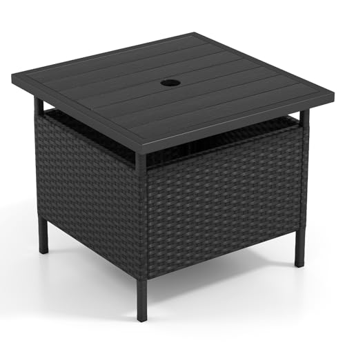 Giantex Umbrella Table Outdoor Side Table with 2 Umbrella Hole Rattan Umbrella Stand Holder Heavy Duty Metal Frame Patio Bistro Table for Deck Garden Poolside Black (HDPE Tabletop)