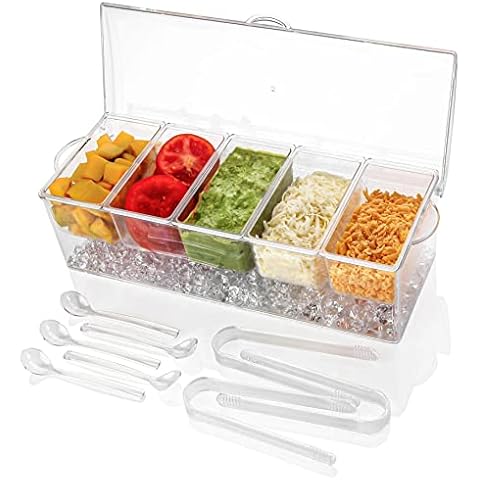 IVYHOME Ice Chilled 5 Compartment Condiment Server Caddy | Fruit Serving Tray | Condiment Pots with 5 Removable Dishes Over 2 Cup Capacity Each and Hinged Lid Cover