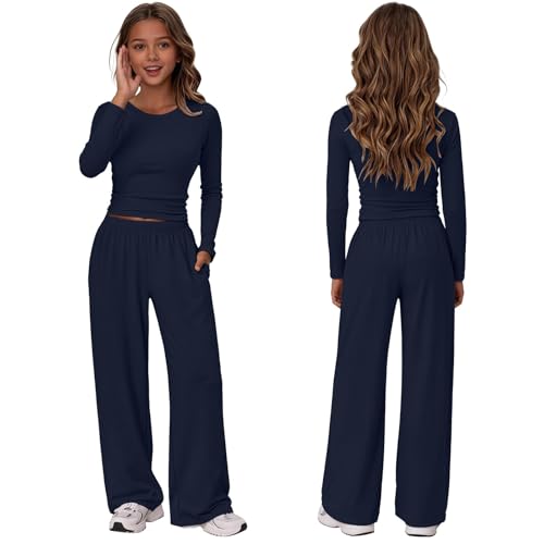 summer outfit Girls 2 Piece Set Spring Outfits Lounge Sets Ruched Long Sleeve Top Wide Leg Pants Sweatsuit Clothing Athletic Outfit Navy, 13-14 Years