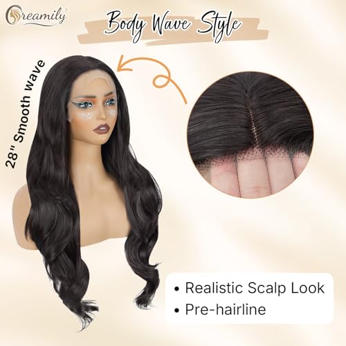 Image of Creamily 13X3 Brown Synthetic Lace Front Wig Long Wave Glueless Wigs for Women HD lace Pre Plucked Hairline (Brown, 28 inches)