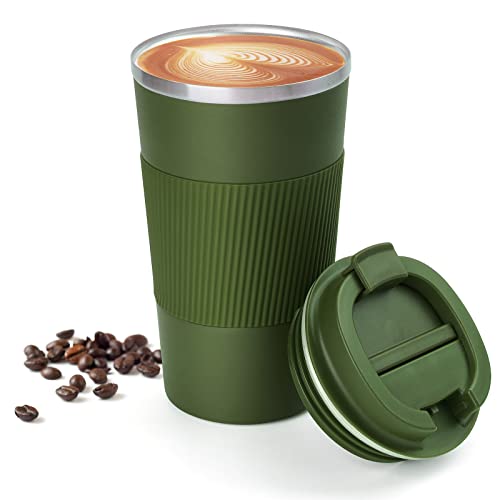 Breteil Travel Mug 500ml Reusable Coffee Cup Vacuum Insulated Coffee Mug Portable Travel Mug with Leakproof Lid Stainless Steel Thermal Mug for Hot/Cold Coffee Water and Tea (Green) (NM-MAG4055G-MX)
