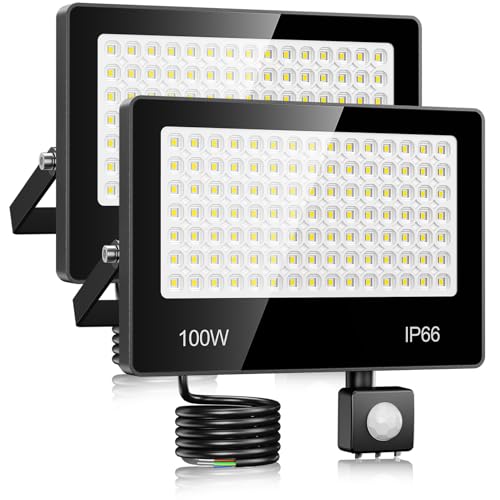 Projecteur LED Exterieur Detecteur De Mouvement 100W - 2 PACK 10000LM 6500K Blanc Froid Spot LED Extérieur Detecteur De Mouvement, IP66 Étanche Eclairage...