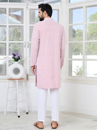 Image of See Designs Men's Full Sleeve Mandarin Collar Embroidered Thread Work Sequinned Rayon Straight Long Kurta - Festive Collection