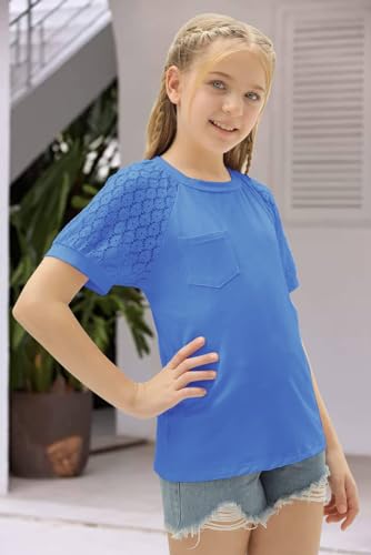 Image of Girls Summer Short Sleeve Shirts Lace Casual Cute Crew Neck Solid Color Blouses Tops Sizes 6-15 Years