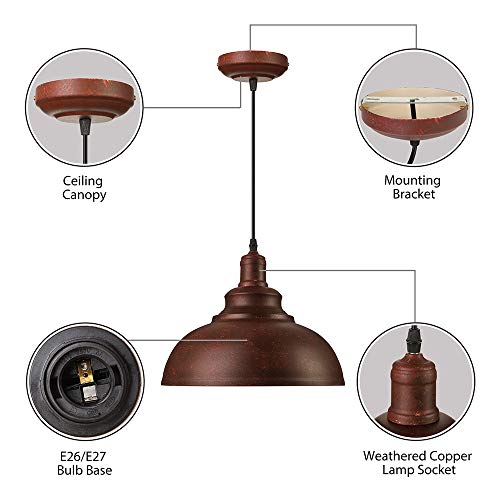 LITFAD Retro Antique Pendant Light with Dome Shape LED Pendant Lighting Nautical Pendant Lamp LED Ceiling Hanging Light Red Rust - 12" - Image 6