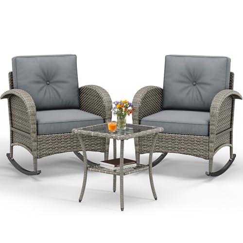 YITAHOME 3-Piece Wicker Rocking Chair Set, Outdoor Patio Furniture Set with Plush Cushions, PE Rattan Bistro Set Including Side Table, Perfect for Garden, Backyard, Porch, and Patio Use, Blu