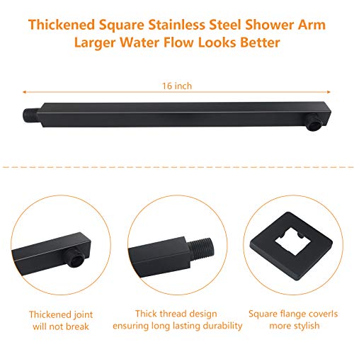 HarJue Shower Head with Extension Arm, High Pressure Square with ShowerArm, Stainless Steel Rainfall -Waterfall Full Body Coverage (12'' Shower with 16'' Arm, Matte Black) by HarJue - Image 4