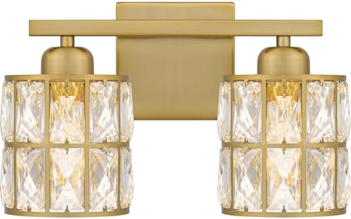 Quoizel Gibson Bath Vanity Lights, 13 Inch 2-Light Aged Brass Bathroom Lighting Fixtures Over Mirror, Clear Beveled Crystal Shade, Contemporary Wall Mount Light for Bathrooms, Kitchen or Hallway