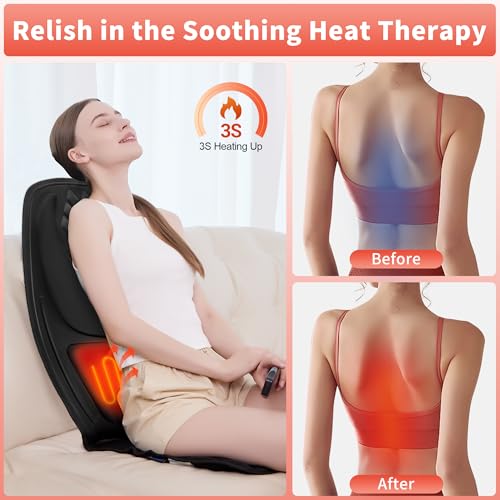 Back Massager with Heat, Massage Seat Cushion with 3D Lumbar Traction, 10 Vibrating Motors Massager Chair Pad for Full Body Pain Relief, and Home Use