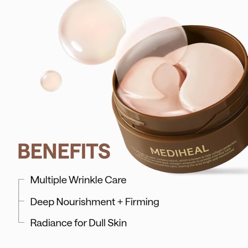 Image of Mediheal Retinol Collagen Under Eye Patches - Korean Hydrogel Eye Pads (60 patches) with 95% Retinol & 5 Micro Collagen. Nourishing & Non Irritating Eye Gel Mask. Sealing Cap & Spatula Included.