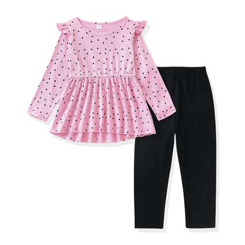 Image of Toddler Girl Clothes Ruffle Long Sleeve Heart Print Tops and Pants 2PC Little Girl Winter Outfits Size (4-7T)