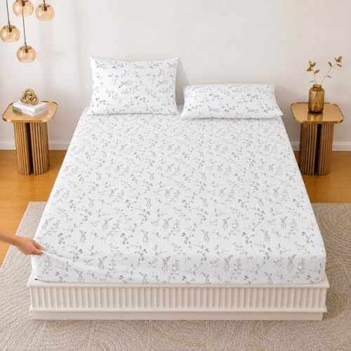 Image of Jaipur Weaves King Size Elastic Fitted Bedsheet, 100% Pure Cotton King Size Fitted Bedsheet for Double Bed with 2 Pillow Covers, 240 TC, 72x78 Inches up to 8-inch Mattress, Floral(Spring Tulips Brown)