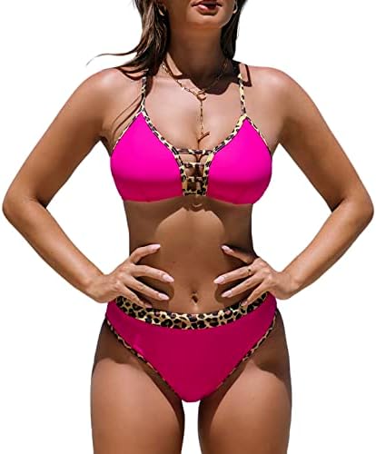 popvil Bikini Sets for Women Patchwork Bathing Suits Front Strappy Two Piece Swimsuit Rose Red