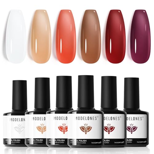 Modelones Esmalte de uñas UV, 6 colores, rojo, marrón, nude, blanco lechoso, gel de gelatina, esmalte de uñas UV, set de diseño de uñas para manicura y diseño de uñas de otoño