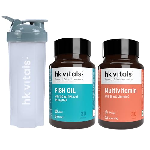 Image of hk vitals Fish Oil and Multivitamin (30 Tablets Each) | 1000mg Omega 3 with 180mg EPA & 120mg DHA | Combo Pack with Shaker, 650ml