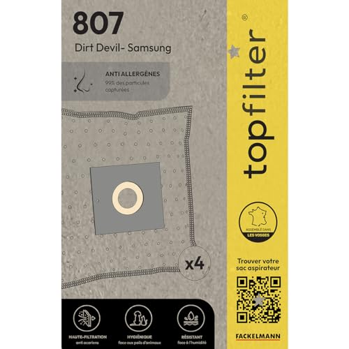TopFilter 64807 Lot de 4 sac aspirateur Dirt Devil Samsung, sac aspirateur, poche aspirateur, accessoire aspirateur, Non tissé polypropylène, Caoutchouc,...
