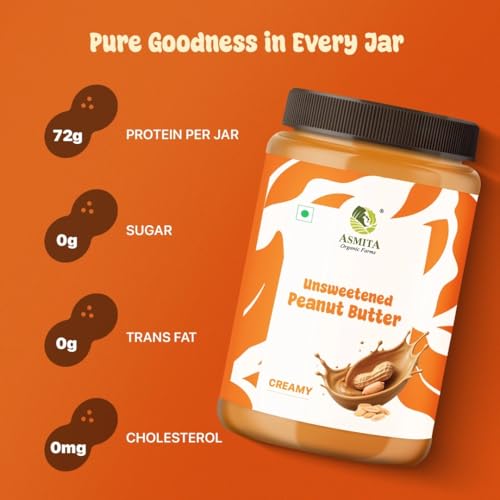 Image of Asmita Organic Farms Creamy Peanut Butter Unsweetened 900g | Made with Roasted Peanuts | No Added Sugars or Salt | High Protein Spread | Cholesterol & Trans Fat Free | Healthy Breakfast Spread