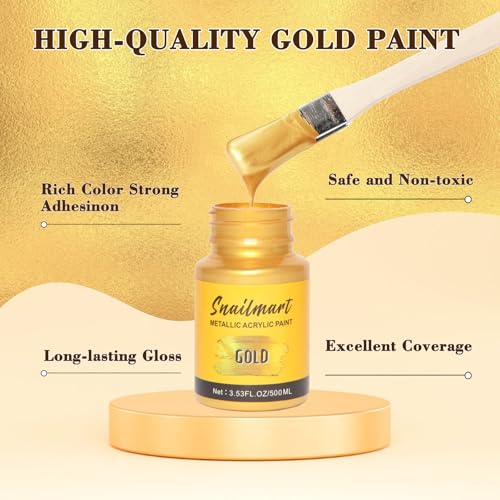 Image of 500ml Acrylic Paint Metallic Gold with 1 Brushes,Gold Leaf Paint for Art Painting, Hand-crafts, Non-Toxic, Non-Fading for Canvas, Wood, Fabric, Ceramic, Stone Craft Supplies