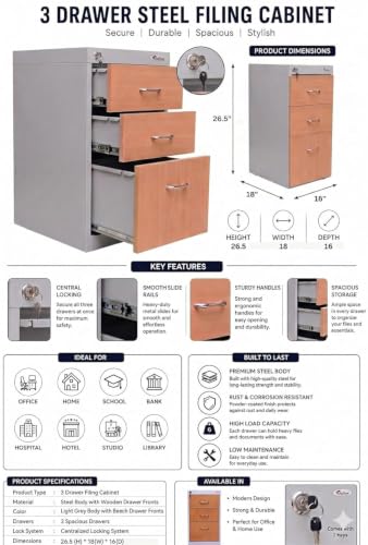 Image of Amazon Brand - Solimo 3 Drawer Steel Pedestal Cabinet | Lockable Powder Coated Filing Cabinet for Files, Documents & Stationery | Office Storage Unit (Light Grey, Pedestal with Levellers)