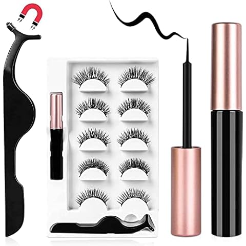 AOMIG Magnetic Eyelashes with Eyeliner Kit, 5 Pairs Natural Look False Eyelashes with Applicator, Waterproof Eyeliner Reusable Fake Lashes for Makeup Eyelashes Extension Black Cover