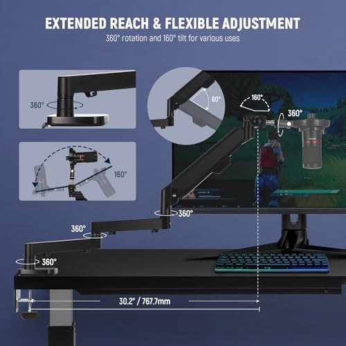 Image of NEEWER MS002 Low Profile Desk Mic Boom Arm Stand with 360 Swivel Adjustable Pneumatic Damping Cable Management Cleaning Cloth, Desktop Mount Holder Compatible with Shure MV7 SM7B Blue Yeti Microphone