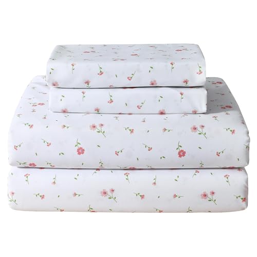 Image of Softan Pink Floral Full Sheet Set Flower Printed Bed Sheets Double - 4 Piece Microfiber Patterned Fitted Bed Sheets with 15 inch Deep Pocket & Straps, Cozy Cute Pink Sheets and Pillowcase Set