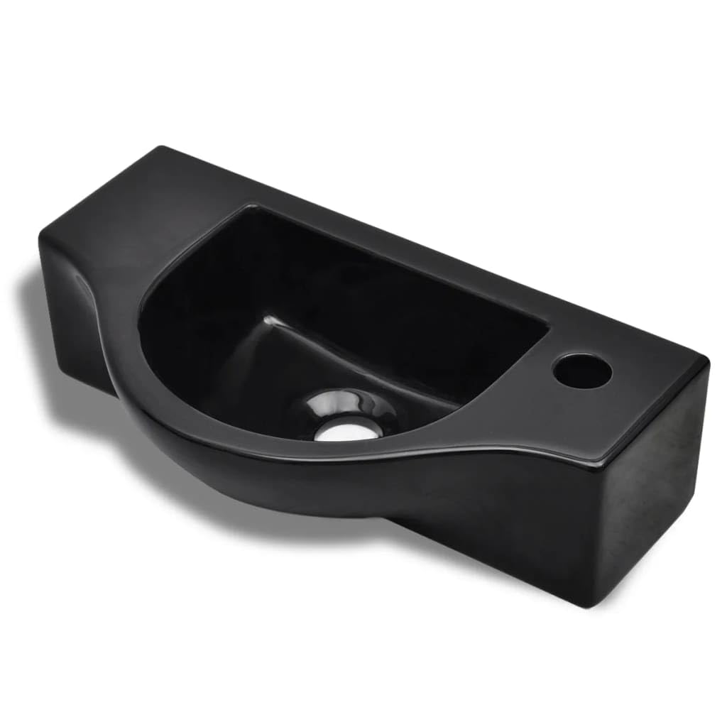 vidaXL Ceramic Bathroom Sink Basin with Faucet Hole Black Wall Hung Fixture