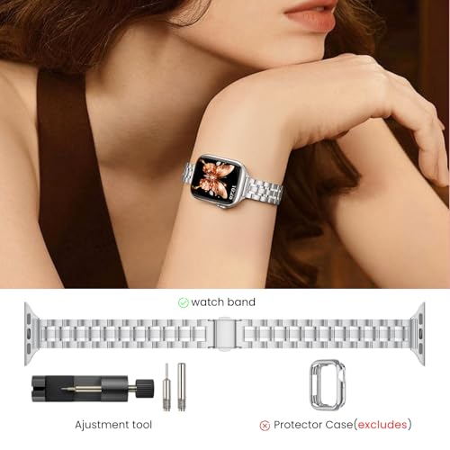 Image of STIROLL Thin Replacement Band Compatible for Apple Watch 49mm 46mm 45mm 44mm 42mm(Series 3 2 1), Stainless Steel Metal Wristband Women Men for iWatch Ultra SE Series 11 10 9 8 7 6 5 4, Silver