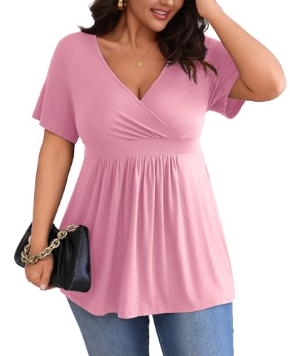 POSESHE Plus Size Tops 2026 Ladies Tops Shirts Plus Size Tshirts for Women Comfy Work Blouses Pink Red 2XL