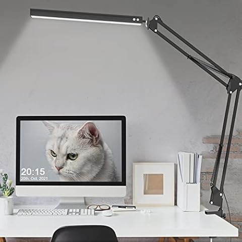 LED Desk Lamp, Adjustable Swing Arm Desk Lamp with Clamp, Dimmable Desk Light, Eye-Caring Reading Light, Memory Function Table Lamp, 3 Color Modes, 10-Level Brightness, Desk Lamps for Study, Bedroom Cover