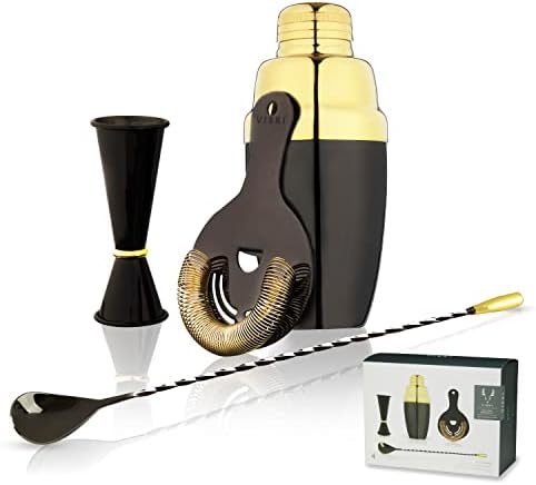 Viski Essential Barware Set, 4 Piece Bar Tool Kit, Includes Cobbler Shaker, Double Jigger, Hawthorne Strainer, and Bar Spoon, Two Tone Gold and Gunmetal, Stainless Steel, Set of 4 - Thumbnail 5