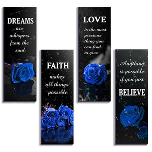 DONFENTHY 4 Pcs Blue Bathroom Decor Rose Wall Art Inspirational Farmhouse Wooden Signs With Faith Love Dream Believe Bedroom Office Decor For Women Home Decoration(Blue 12x4Inch)