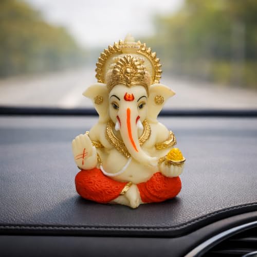Gold Art India Resin Lord Ganesha Idol for Car Dashboard Home Office Ganpati Statue for Mandir Decor Handcrafted Ganesh Murti (Red & Ivory)