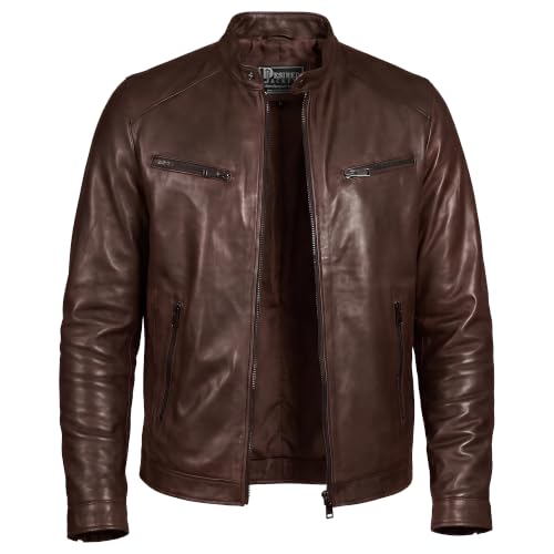 Image of Men Cafe Racer Motorcycle Style Solid Leather Jacket Slim Fit Motorcycle Brown Cafe Racer Leather Jacket