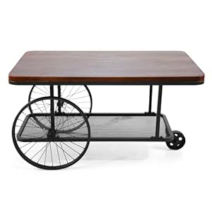 Topower farmhouse double layer iron cart wooden desktop center table industrial style coffee table with wheels for living room bedroom coffee shop black  urban country home decor