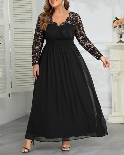 Image of Talisea Plus Size Formal Wedding Dresses - Gowns Evening Prom Elegant V Neck Long Sleeve Lace Chiffon Long Maxi Dress