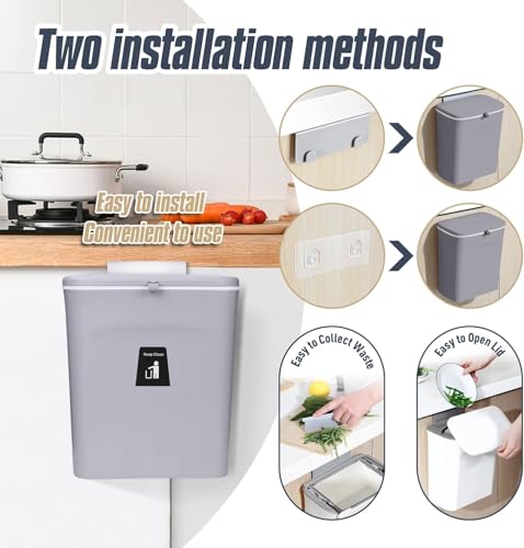 Image of 10 L Kitchen Compost Bin for Counter Top or Under Sink, Hanging Small Trash Can with Lid for Cupboard /Bathroom /Bedroom /Office /Camping, Mountable Indoor Compost Bucket (Grey)
