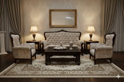 Image of Wooden 5 Seater Sofa Set with Table | Solid Wood Sofa 3+1+1 Dark Walnut Finish | Traditional Design Furniture for Living Room, Home, Office