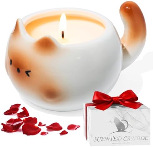 Scented Candle, 17oz Rose Scented Jar Candle, Cat Shaped Aromathe...