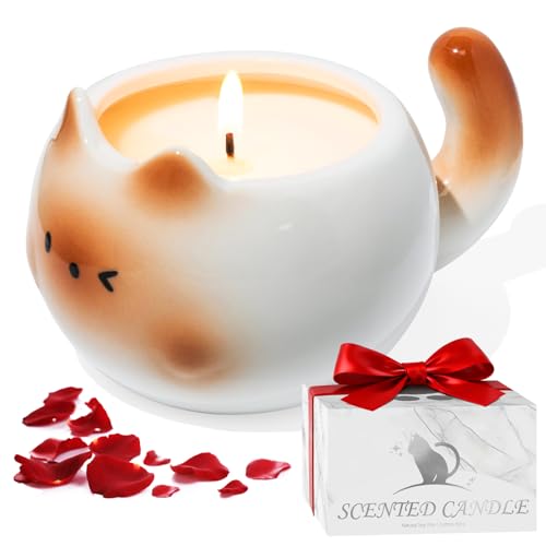 Cat Lover Gift Cute Cat Scented Candle for Women Rose Aromatherapy Soy Candle in Ceramic Cat Jar Funny Cat Lover Gift for Mom Friend Birthday Christmas