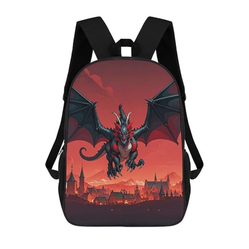Heavy-Duty 17 Inch Backpack with Side Pockets, Cool Red Black Medieval Fantasy Dragon Print Durable Backpack Ideal for Travel, And Outdoor Adventures