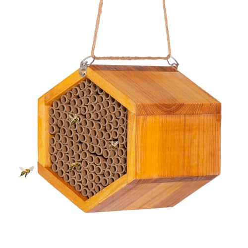 Mason Bee House - Handmade Natural Wooden Bee Hive Coated with Wax for Water-Proof and Long Service Life - Attracts Peaceful Bee Pollinators to Your Garden, Bee Houses for Garden