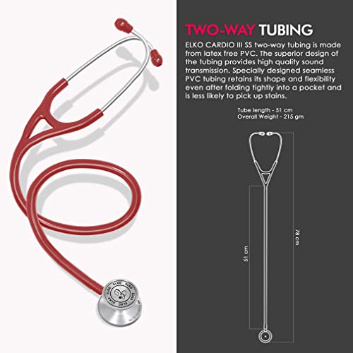 Image of ELKO EL-060 CARDIO III SS Stainless Steel Acoustic Stethoscope | Two-Way PVC Tubing | Double Sided Chestpiece For Adult & Pediatric Patient | Doctors & Medical Students (Red)