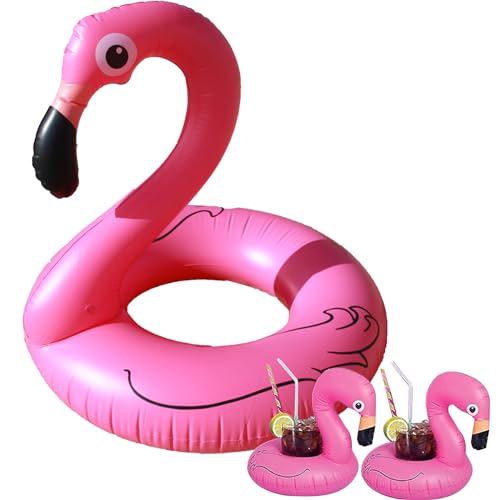 3 Pack Inflatable Flamingo Approx 90 cm Swimming Pool Float with Drink Holder Outdoor Pool Beach Party Supplies Summer Holiday Essentials Round Pool Float for Adults & Children