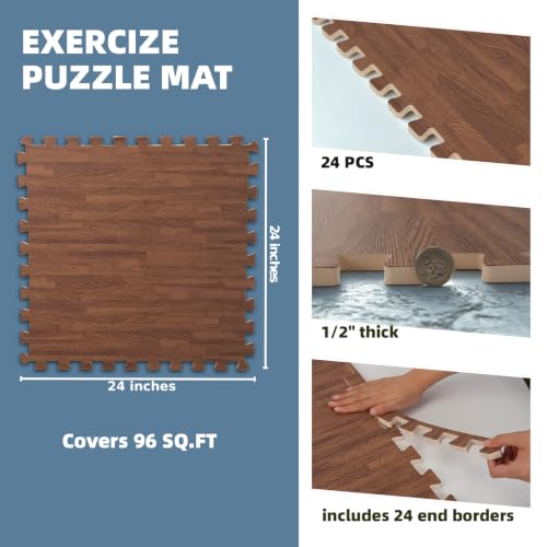 Image of Art3d 96 Sq.Ft Eva Puzzle Exercise Mats, 24 inchx24 inch x 1 /2 inch Thick Foam Interlocking Tiles for Flooring, Workout, Gym Equipments, Pack of 24, Dark Walnut